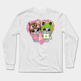 Cute kittens on a pink heart background Long Sleeve T-Shirt